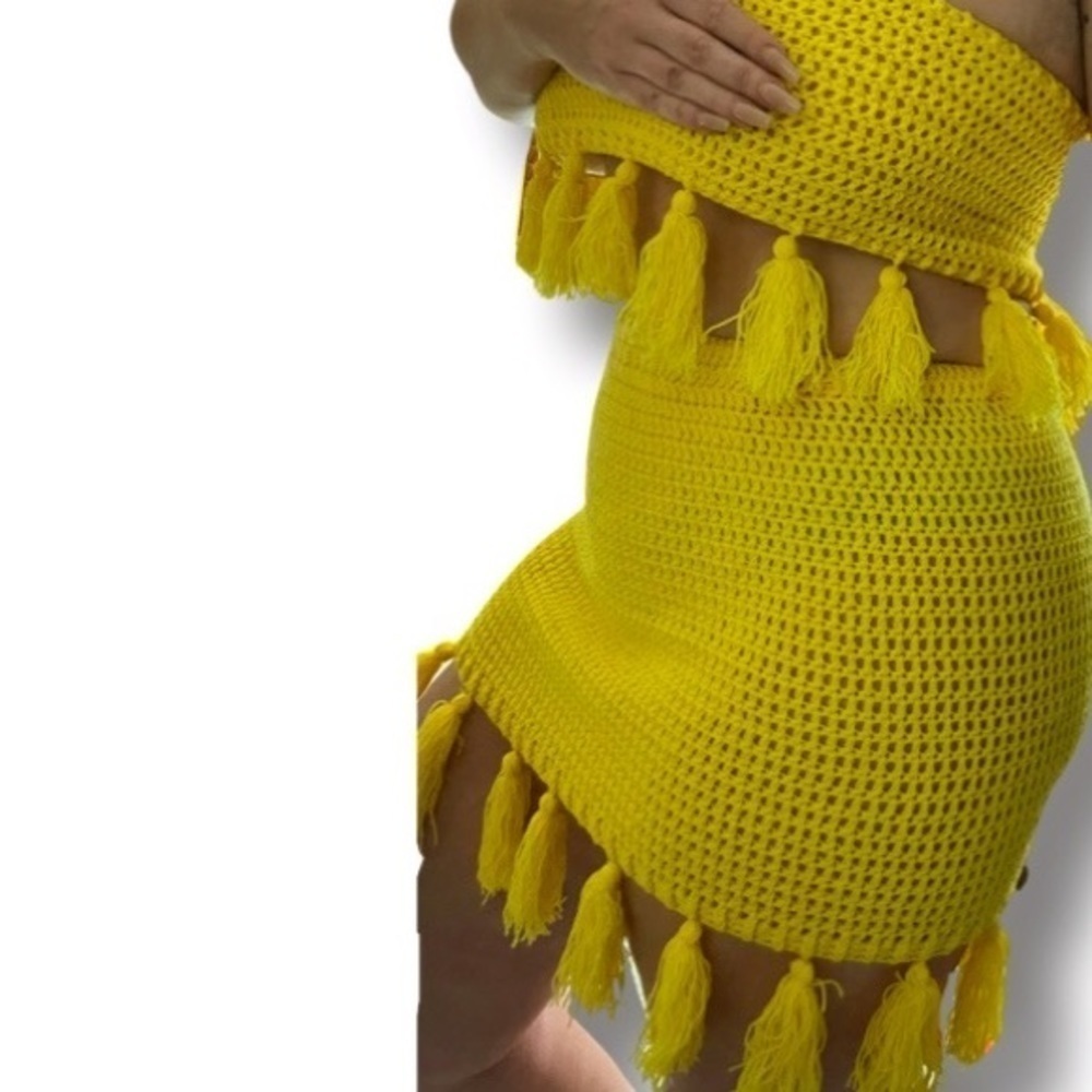 Elexiay 2pc yellow set crochet handmade skirt top - Picture 8 of 9